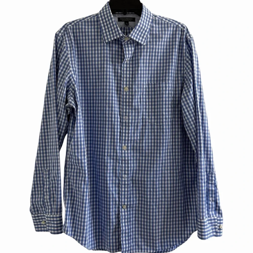 Banana Republic L Non Iron Classic‎ Fit Blue Gingham Dress Shirt